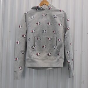 Champion Reverse Weave All‎ Over Logo Hoodie Sweatshirt Heather Gray Men's Small
